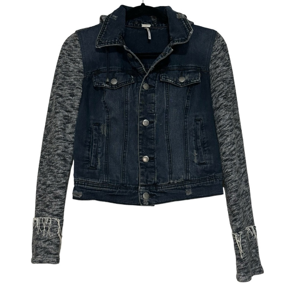 Free People Distressed Denim Jean Knit Sweatshirt Hoodie Jacket size XS